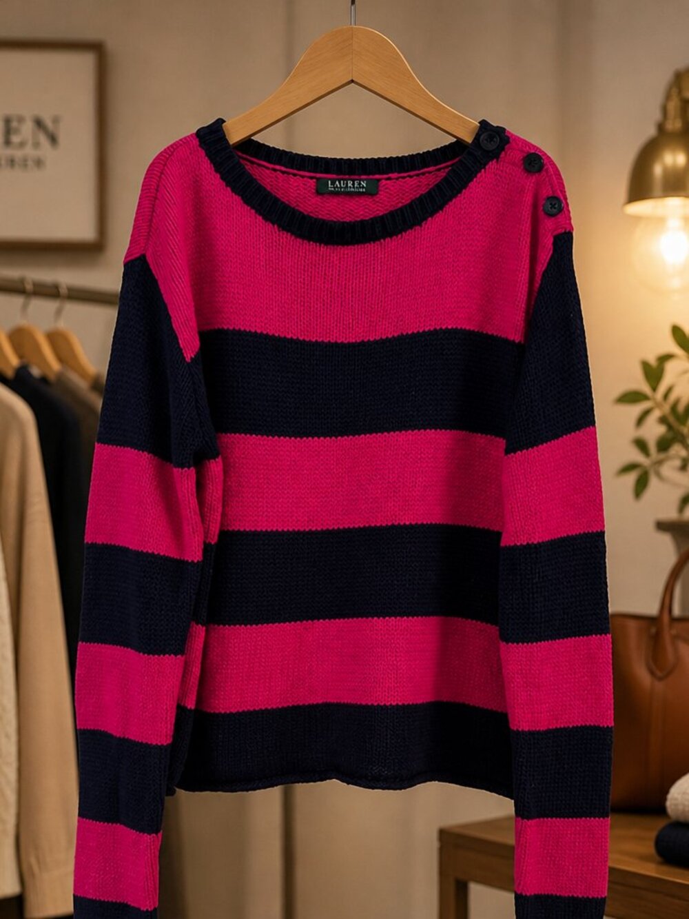 Lauren Ralph Lauren Pink and Navy Blue Striped Crew Neck Sweater Size XL